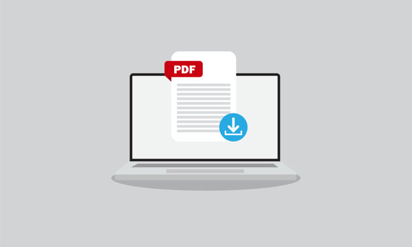 PDF File Download on Laptop. PDF document appearing on a laptop screen with a download icon.
