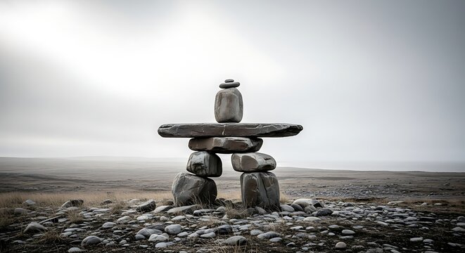 Traditional Inukshuk stone marker standing sentinel in a remote desolate landscape under an overcast sky symbolizing navigation and guidance