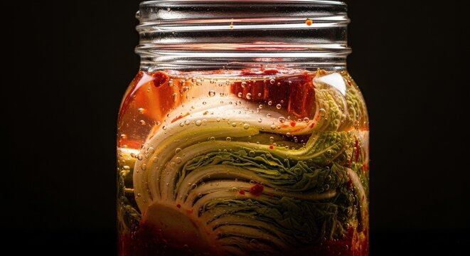 Fermented Napa Cabbage Kimchi in Glass Jar Close-up, Probiotic Rich Food, Korean Cuisine, Traditional Fermentation Process, Healthy Gut Bacteria, Delicious Side Dish