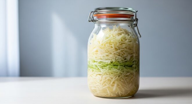 Fermenting Shredded Cabbage in Glass Jar, Homemade Fermentation, Vegetable Preservation, Traditional Process, Rich in Probiotics, Healthy Gut Bacteria, Organic Food