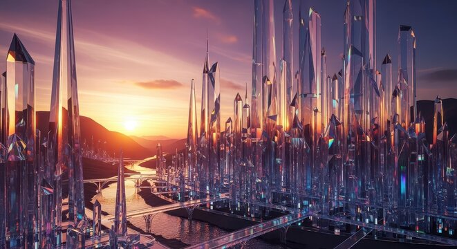 A breathtaking futuristic cityscape, composed entirely of towering, glistening crystal structures, rises majestically over a winding river, bathed in the vibrant hues of a spectacular sunset, creating