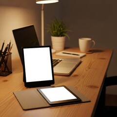 Fototapeta premium Evening Workspace with Tablets, Laptop, and Plant: Cozy Home Office Desk Setup with Lamp and Coffee Cup