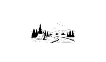 Obraz premium Camping by river black-and-white landscape sketch vector illustration
