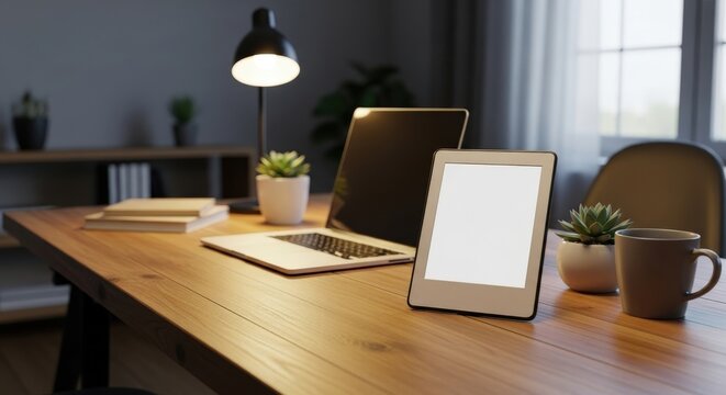Cozy Workspace Scene with Laptop, Tablet, and Plant near Lamp: Modern Desk Setup in Home Office with Natural Light