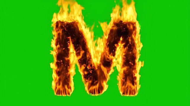 Capital letter M alphabet character engulfed in realistic cinematic fire and flame effect isolated on chromakey green screen background
