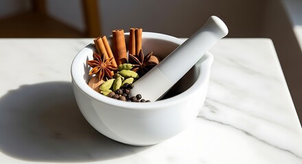 Preparation of natural whole baking and cooking ingredients featuring star anise cinnamon and cardamom pods ready to be crushed in a white mortar