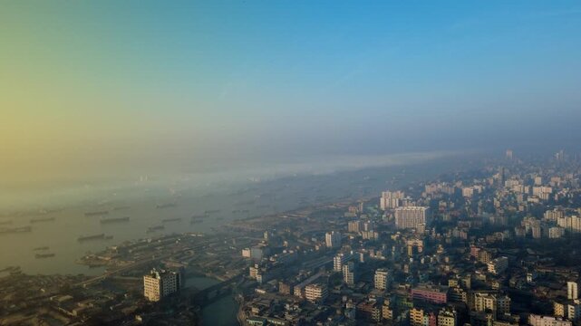 Aerial View of Chattogram City and Karnaphuli River at Morning Haze, Bangladesh 4k