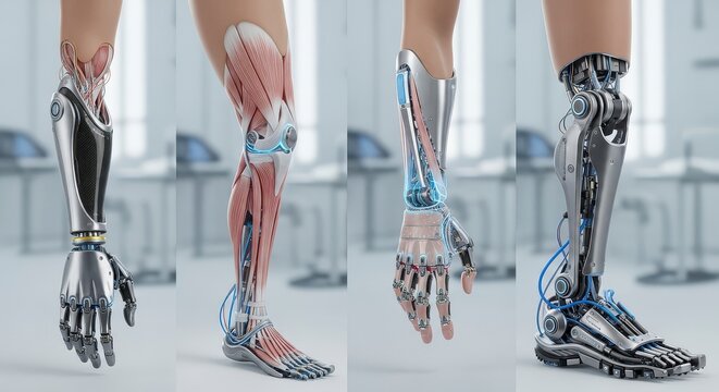 A detailed quadriptych showcasing advanced robotic and bionic prosthetic limbs, with one image revealing the intricate biomechanical structure beneath the skin, highlighting the fusion of human anatom