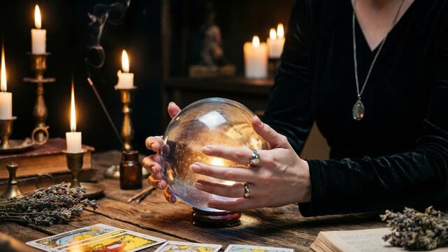 Fortune teller woman using crystal ball in dark mystical room with candlelight - concept of psychic reading clairvoyance and magical ritual