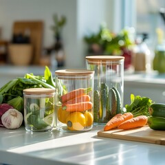 Minimalist Farm-to-Table Lifestyle: Organized Eco-Friendly Produce Storage on Modern Kitchen Counter