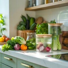 Sustainable Kitchen Aesthetics: Fresh Organic Vegetables in Fluted Glass Canisters