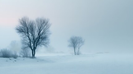 Fototapeta premium Serene Winter Morning with Hoarfrost Covered Trees in Misty Field
