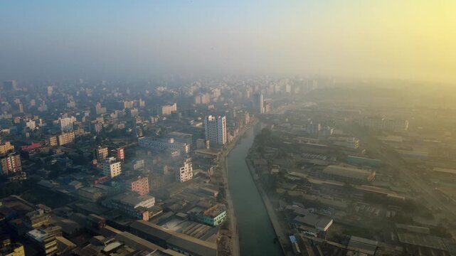 Aerial Panorama of Chattogram Port City and Karnaphuli Riverfront at Sunrise 4k 