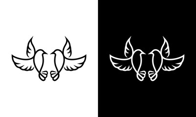 Fototapeta premium Two birds facing each other with wings spread, holding olive branches in their beaks, depicted in minimalist black line art on contrasting white and black backgrounds from a straightforward front view