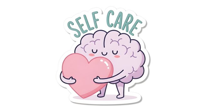 Karakter kartun otak yang lucu sedang memeluk hati berwarna merah jambu dengan teks "SELF CARE" di atasnya. Menggambarkan konsep kesehatan mental, cinta diri, dan kesejahteraan emosional.