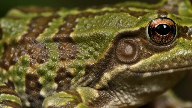 Close-up of a green frogs face.