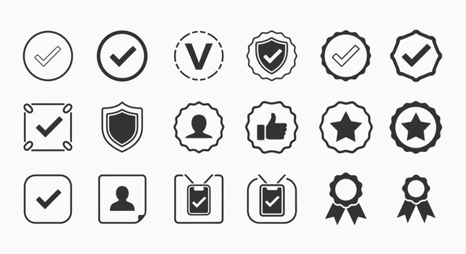 Collection of black and white checkmark and badge icons for approval, quality, and certification on isolated white background