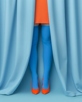 Bright orange mini dress paired with vivid blue tights and orange heels hidden behind pastel curtains. Pop-art-inspired fashion expression in vibrant palette.