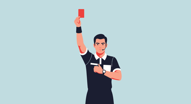Male soccer referee in uniform showing a red card for player expulsion on a light blue background.