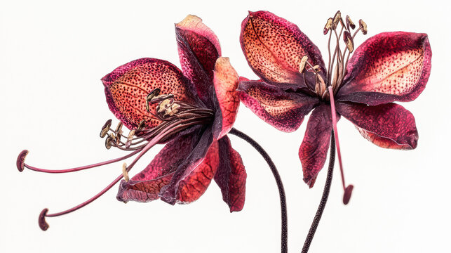 A vibrant pair of exotic purple cleome flowers are displayed against a stark white background, showcasing the delicate details of their spotted petals and form.