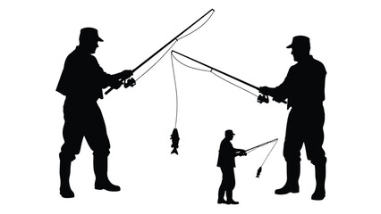 Two adult men and a child fishing together a dark silhouette