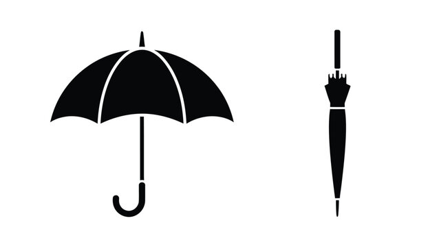 Black umbrella and closed parasol graphic in a simple silhouette