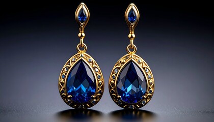 Elegant teardrop earrings with sapphire-colored stones and ornate gold settings against a dark, gradient background