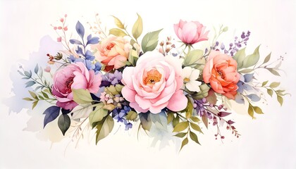 Elegant watercolor floral arrangement with pastel roses, greenery, and small berries on a soft, bright background