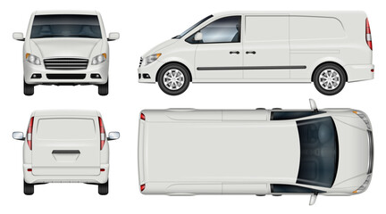 Fototapeta premium Delivery minivan vector mockup for vehicle branding, corporate identity. Side, front, rear, top view. All elements in the groups are in separate layers for easy editing and recolor