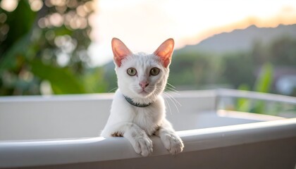 Elegant white cat, collared, sits in a white tub, gazing forward with a blurry background of foliage and sky