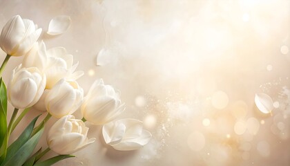 Elegant white tulips arranged on a textured background, radiating with soft, golden light and gentle bokeh effects