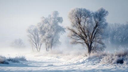 Obraz premium Serene Winter Morning with Hoarfrost Covered Trees in Misty Field
