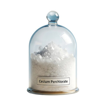 A glass container with Cesium Perchlorate crystals is covered with a glass lid and stopper on a white surface from a frontal viewpoint