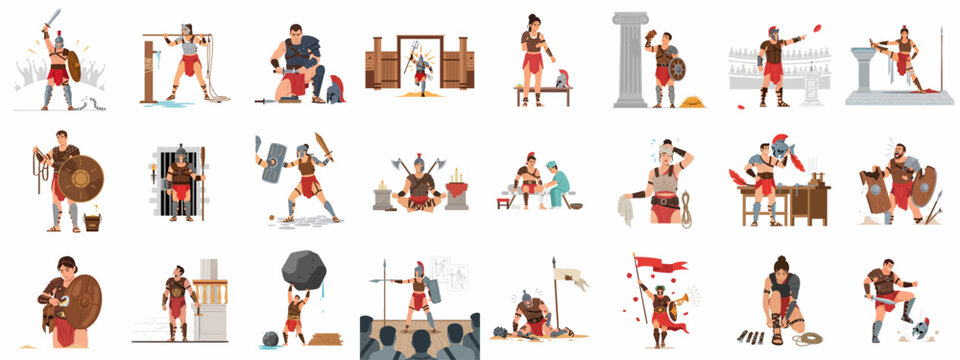 Roman Gladiators and Gladiatrices: Daily Life, Training, Combat, and Victory Scenes Vector Illustration Collection.