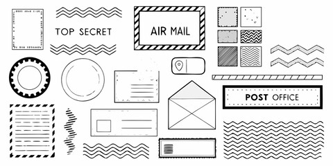 Collection of black and white illustrated stickers and stationery elements