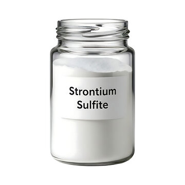 A clear glass jar filled with white strontium sulfite powder on a plain white surface viewed from directly above