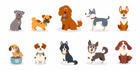 Collection of cartoon dogs in various colors and breeds displayed together