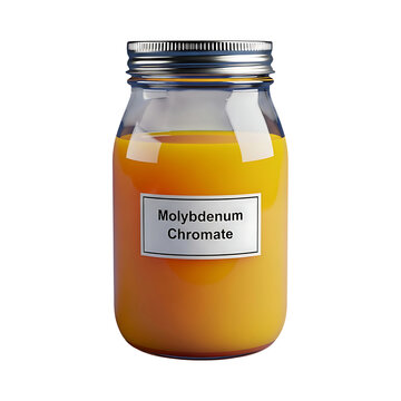 A glass jar containing Molybdenum Chromate solution with a metallic screw-top lid on a plain white background