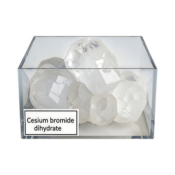 Clear crystals of Cesium bromide dihydrate in a transparent glass container viewed from the front
