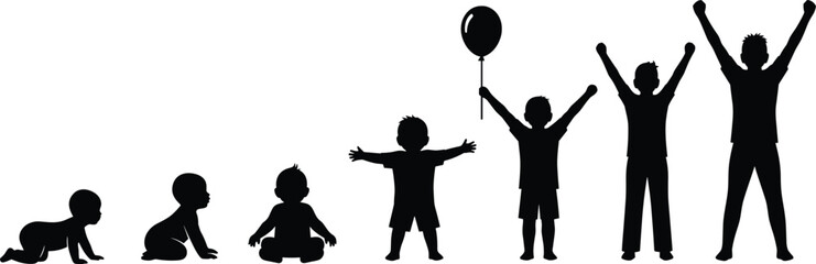 lhouette evolution of child growth from baby crawling to teenager raising hands, stages of childhood development, isolated vector illustration on white background