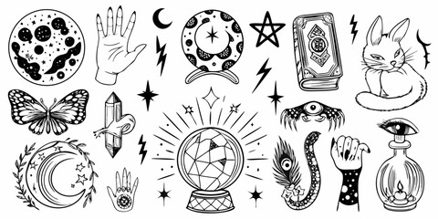 Mystical tattoo flash sheet with celestial occult and animal imagery