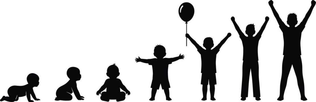 lhouette evolution of child growth from baby crawling to teenager raising hands, stages of childhood development, isolated vector illustration on white background