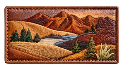 Embossed leather rectangle featuring mountain peaks, rolling hills, winding water, and evergreen trees