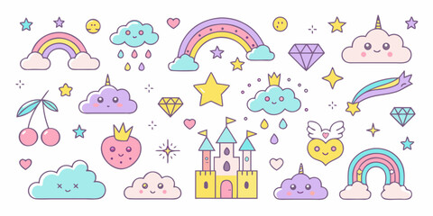 Cute pastel illustrations of rainbows clouds stars and whimsical objects