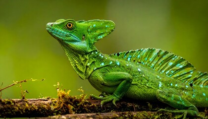 Emerald lizard atop a branch, speckled with blue, against a verdant background