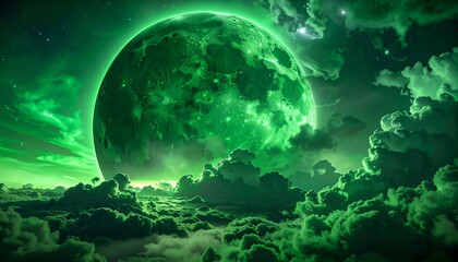 Emerald luminescence bathes a cloudy skyscape, highlighting a colossal moon amongst swirling, dense atmospheric layers