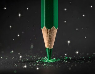 Emerald pencil tip on black paper with shimmering dust & starry lights