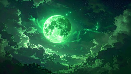 Emerald moon glowing amid clouds, gracing the night sky with a surreal, dreamy, and ethereal beauty
