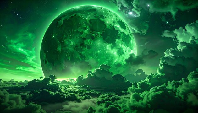 Emerald luminescence bathes a cloudy skyscape, highlighting a colossal moon amongst swirling, dense atmospheric layers