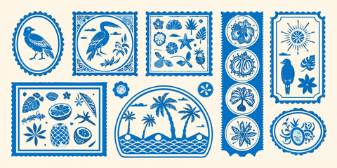 Collection of vintage blue and white chinoiserie style postage stamps